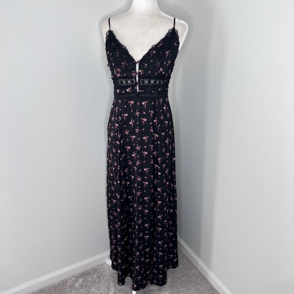 Intimately Free People Out & About Maxi Floral Slip Lace Black Dress M - Picture 2 of 8